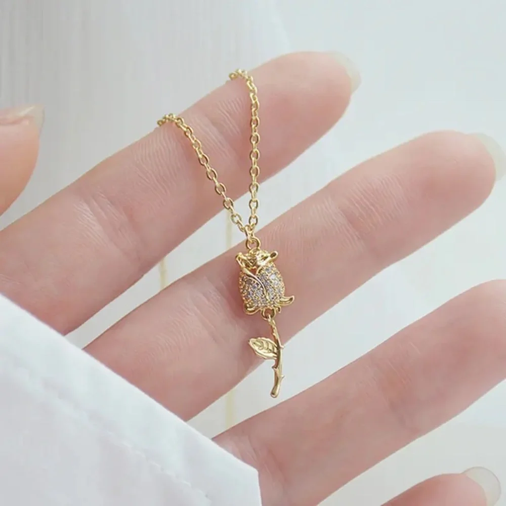 💎 NEW 14K Gold Plated Diamond Rose Flower Necklace & Earrings Set